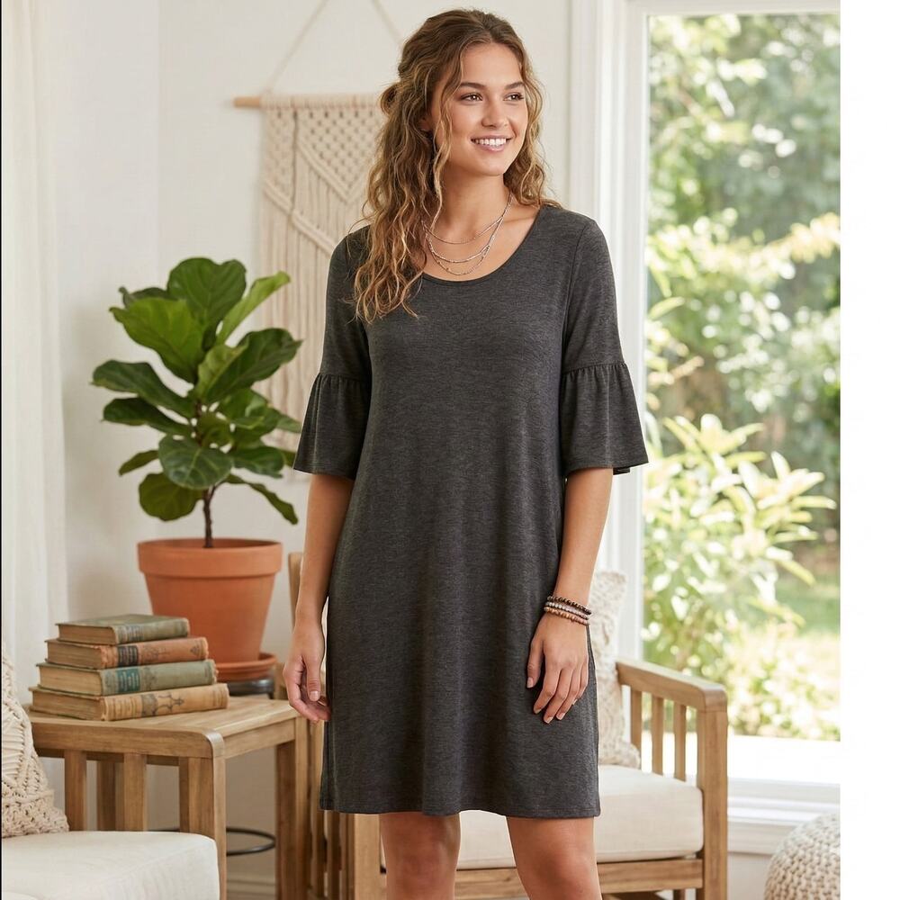 Matilda Jane Gray Knit Live to Teach Ruffle Sleeve  Shift Dress Small